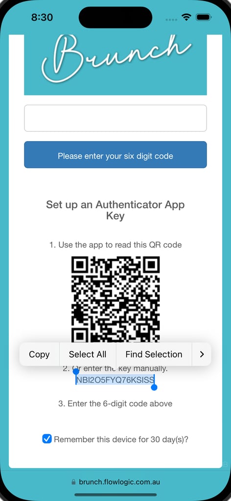 Copying the setup key under the QR code on a phone