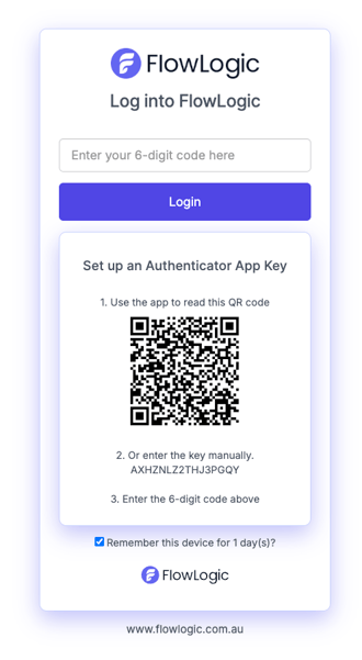 The Set up an Authenticator App Key screen with a QR code and key