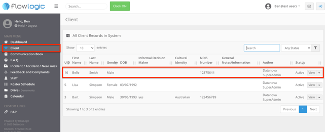 How do I find and open a client record in the Client Section? - The client section