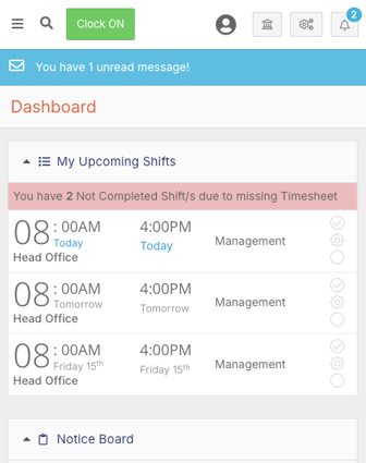 How do I clock on and off a shift in the mobile app? - Step 1: Clock On