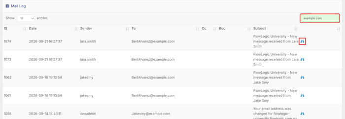 Mail Log list with the search bar and binoculars icon highlighted