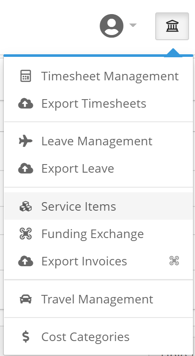 Finance and Payroll menu with Service Items selected