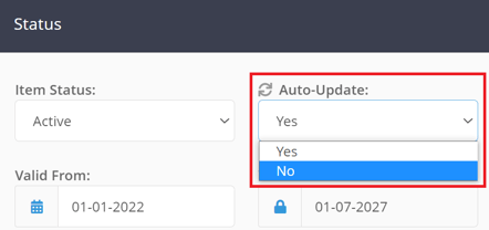 Auto-Update dropdown set to No on a service item