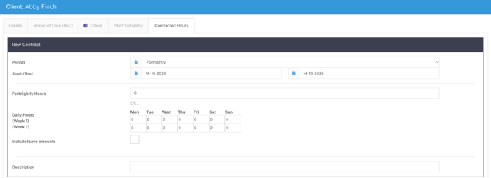 The client Contracted Hours tab with the New Contract fields