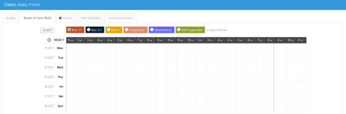 A client's Roster of Care tab with support types painted on the weekly grid