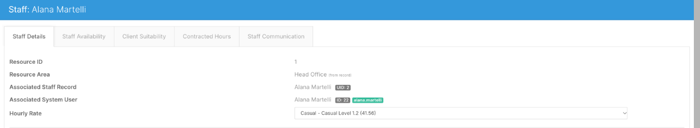 The Staff Details tab showing the resource area, linked staff record and user, and Hourly Rate