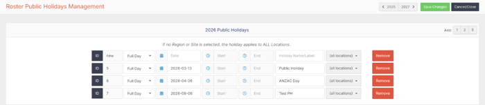 The Roster Public Holidays Management screen with the year arrows, Add 1, 2 and 5 buttons and Remove buttons