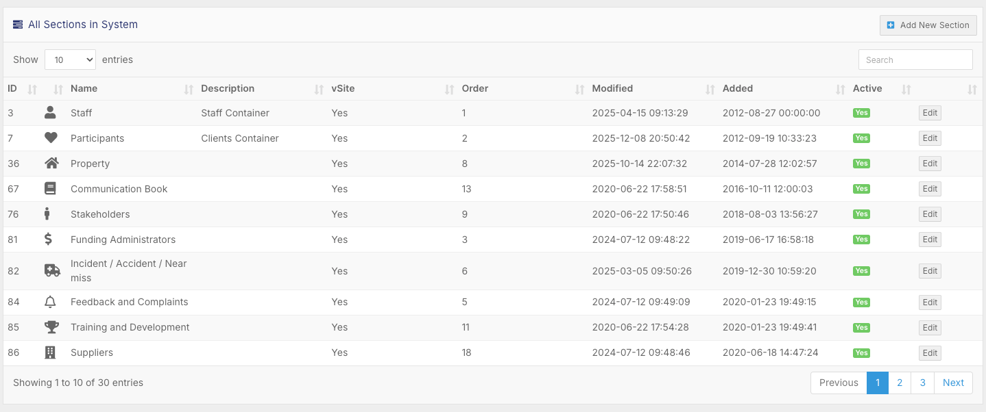 How do I create a new Section with Tabs and Forms? - Understanding the Sections Page