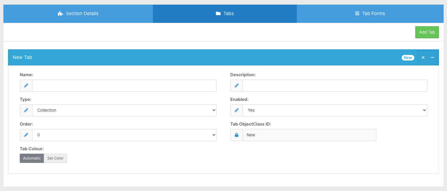 How do I create a new Section with Tabs and Forms? - Creating a Tab