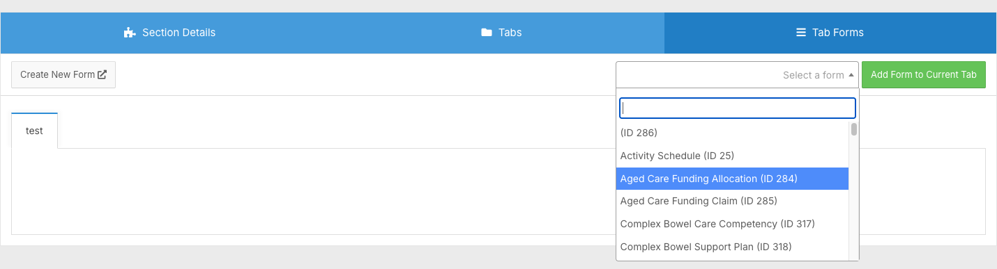 How do I create a new Section with Tabs and Forms? - Adding a Form to the Tab