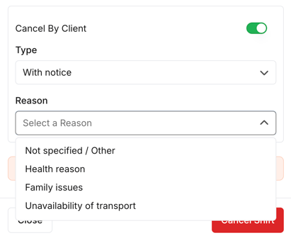 How do I cancel a shift? - Selecting a Cancellation Reason