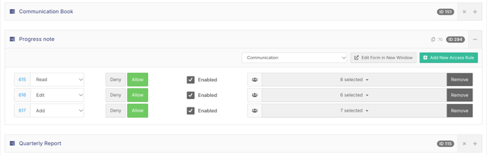 Tab Forms in Edit Section with the Progress note Form expanded to show its Read, Edit and Add access rules