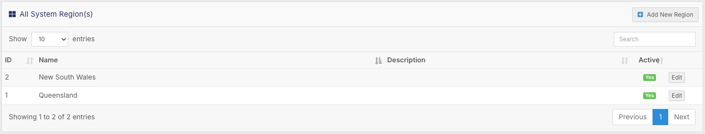 All System Region(s) list with the Add New Region button