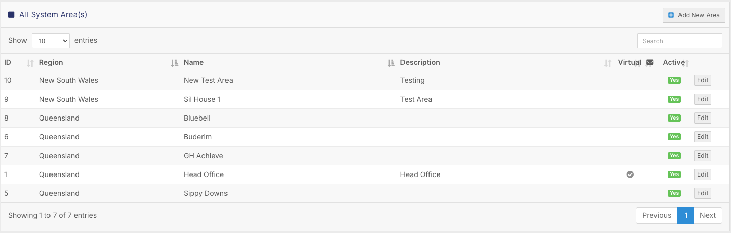 All System Area(s) list with the Add New Area button