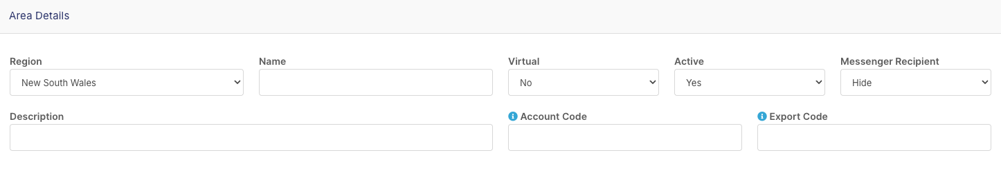 Area Details fields: Region, Name, Virtual, Active, Messenger Recipient, Description, Account Code and Export Code