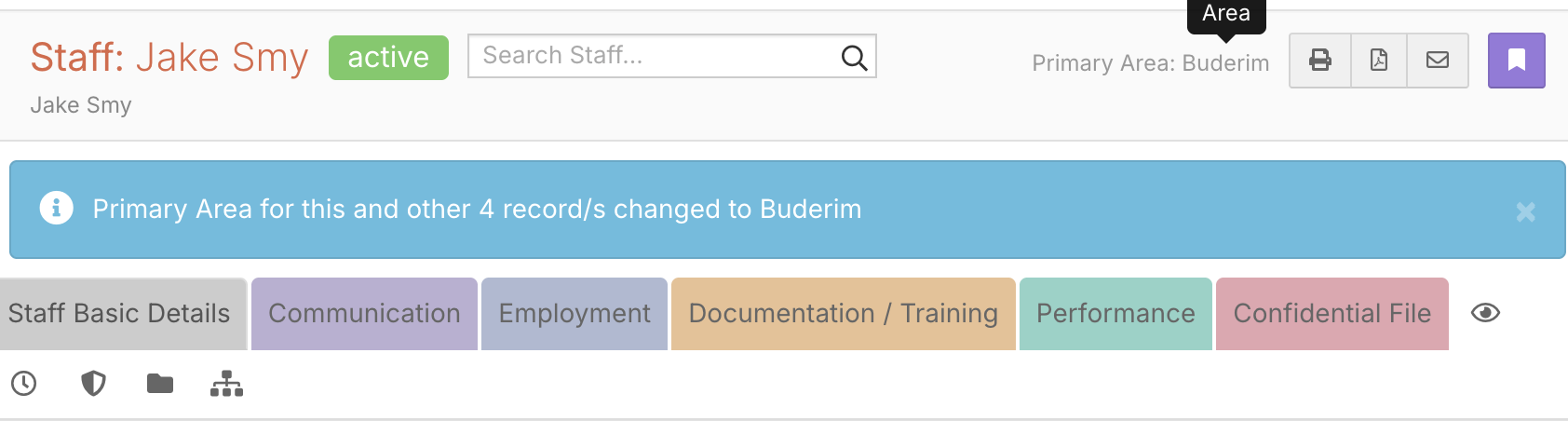Staff record showing Primary Area and a message confirming the Area changed