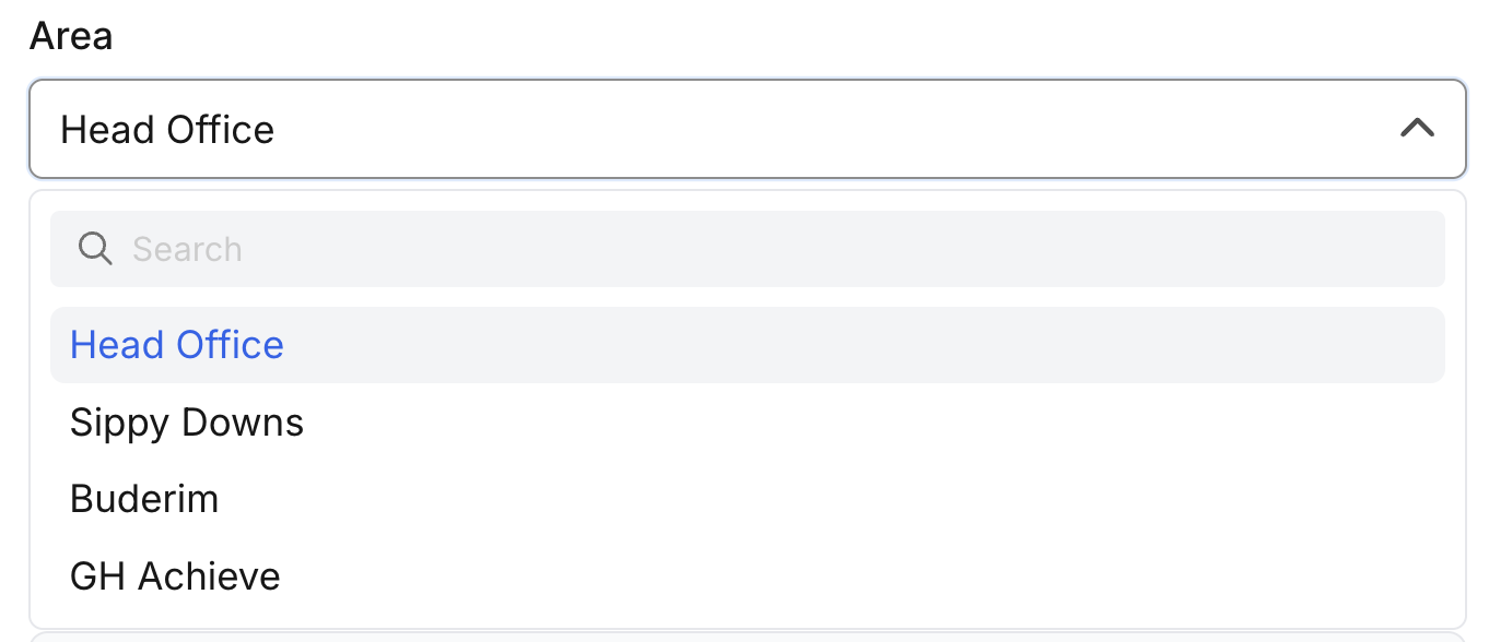 Area dropdown on a shift