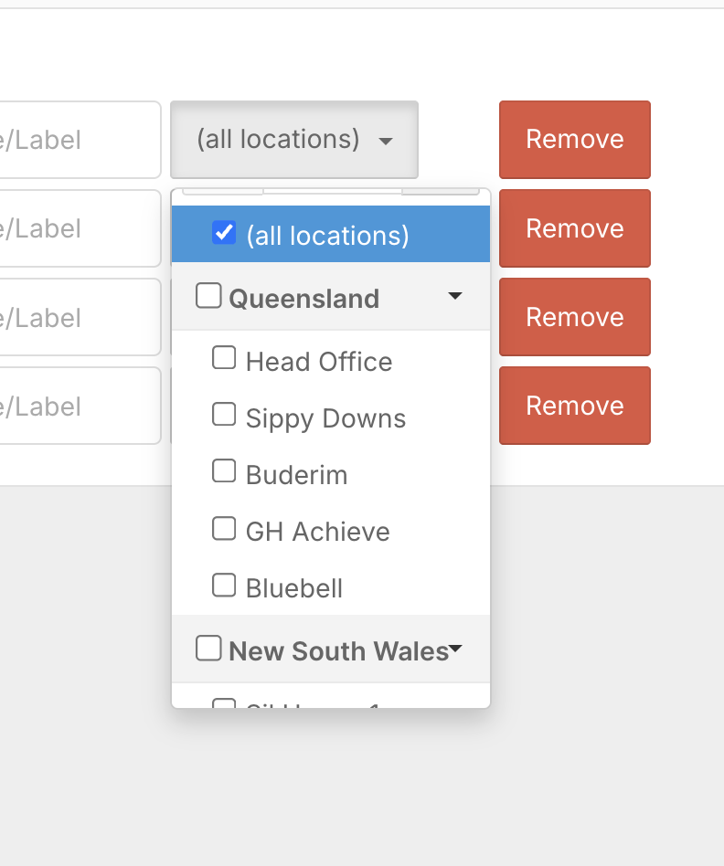 Public holiday location list grouped by Region and Area