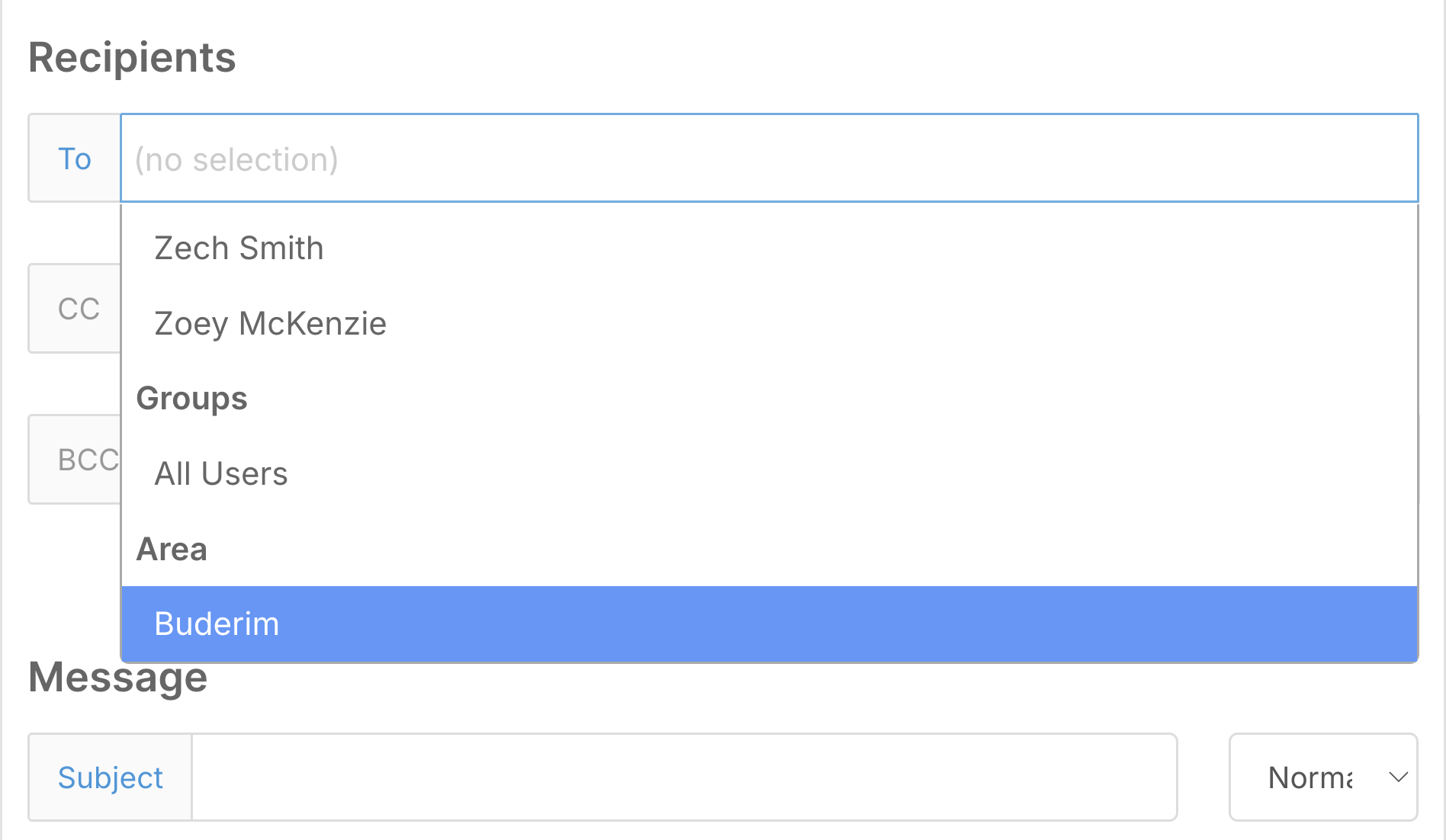 Message recipients list with an Area selected