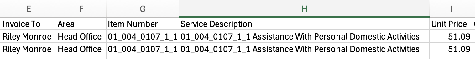 Invoice export with an Area column