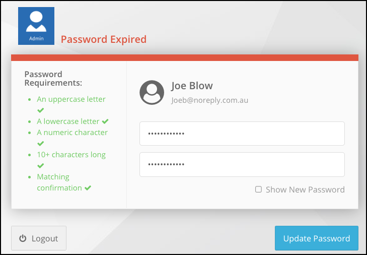 Choosing a new password: the password requirements and the Update Password button
