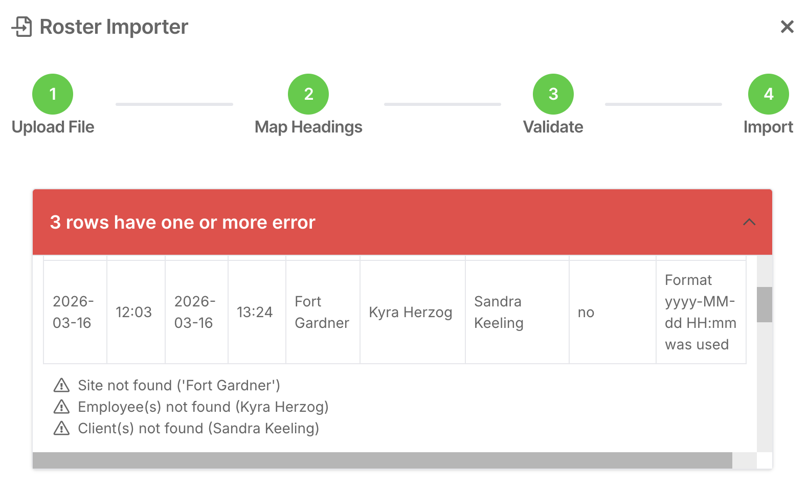 How do I import shifts from a CSV file? - Validating the Import