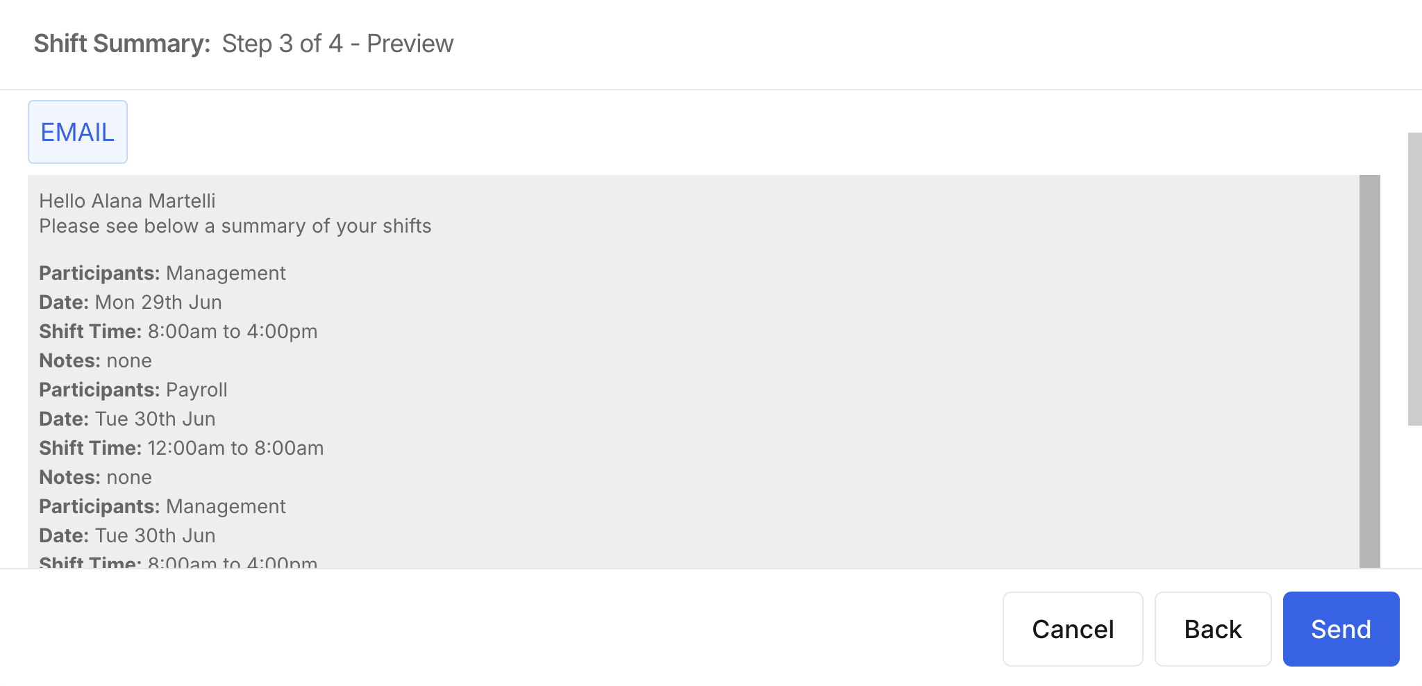 How do I send staff or clients a summary of their shifts? - Previewing and Sending