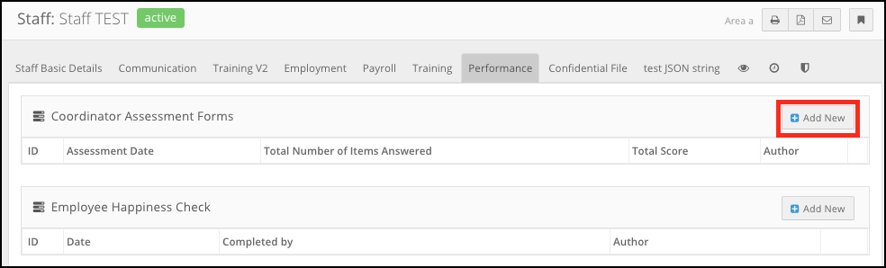 The Add New button above the record list in a staff record tab
