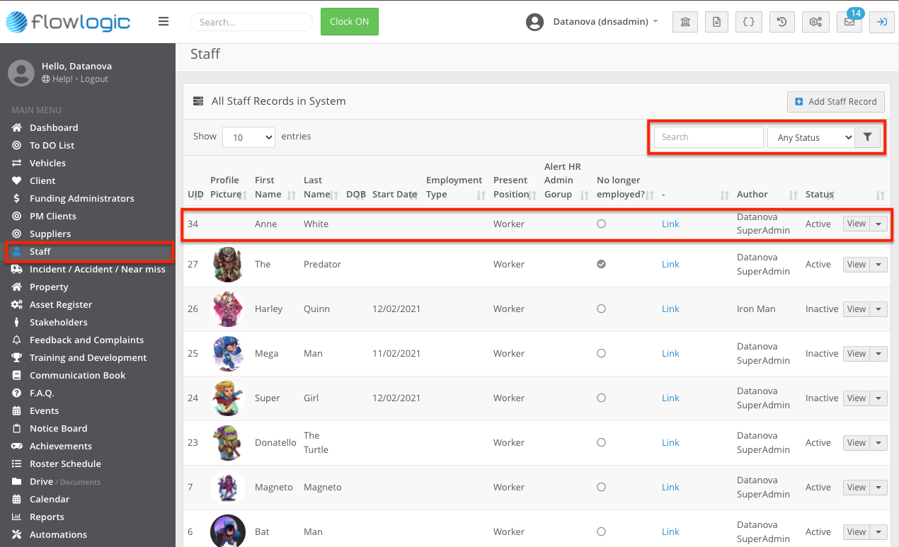 How do I find and open a staff record in the Staff Section?
