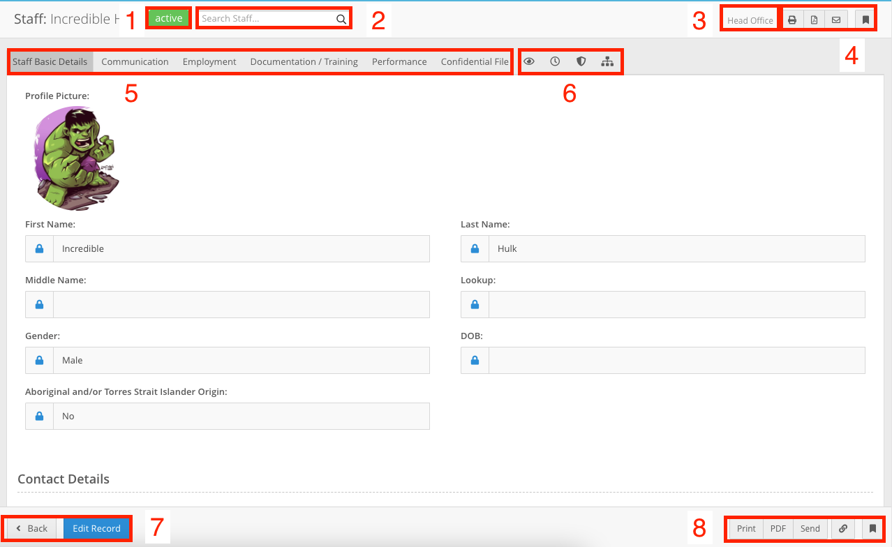How do I find and open a staff record in the Staff Section? - Navigation