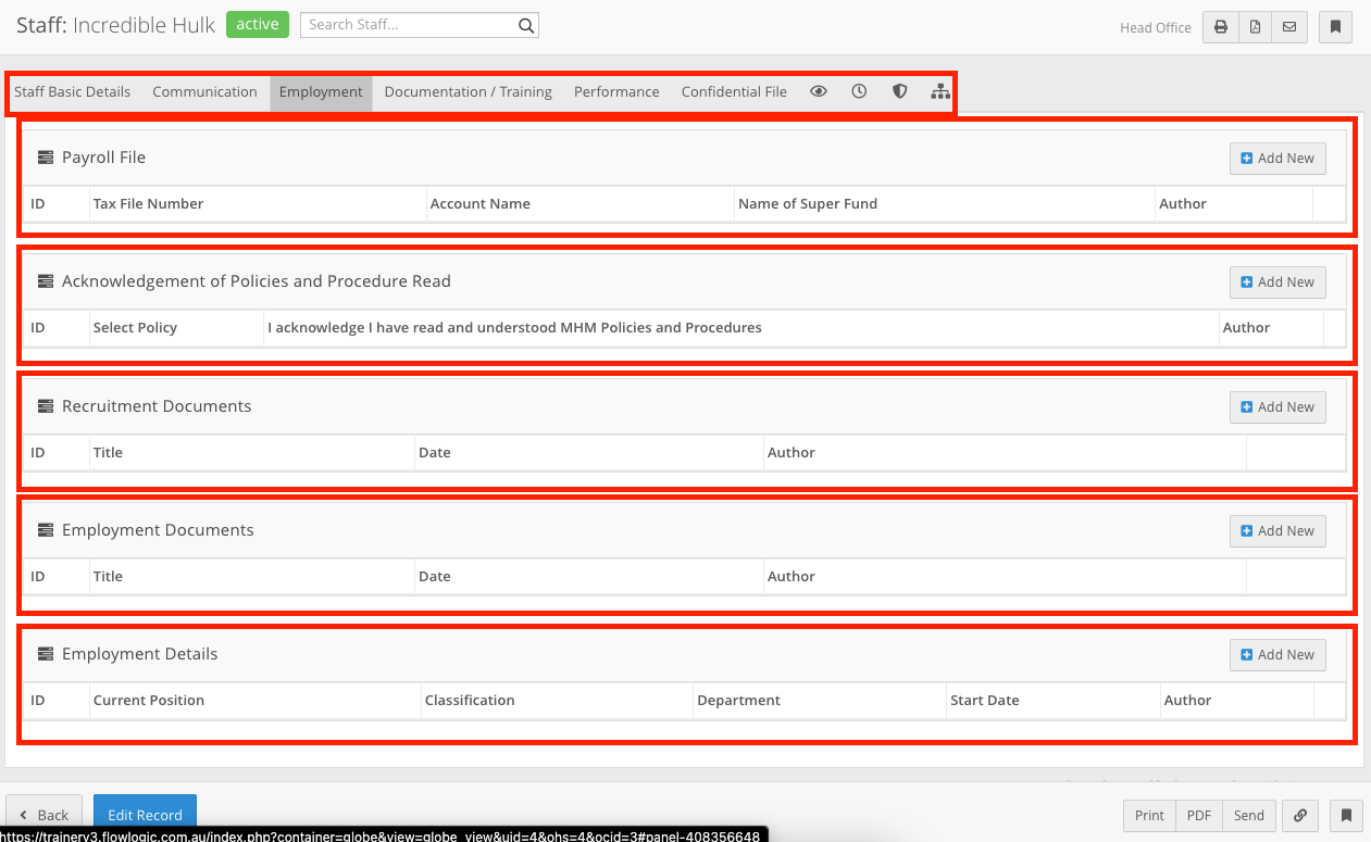 What are the Tabs and Forms in a staff record?