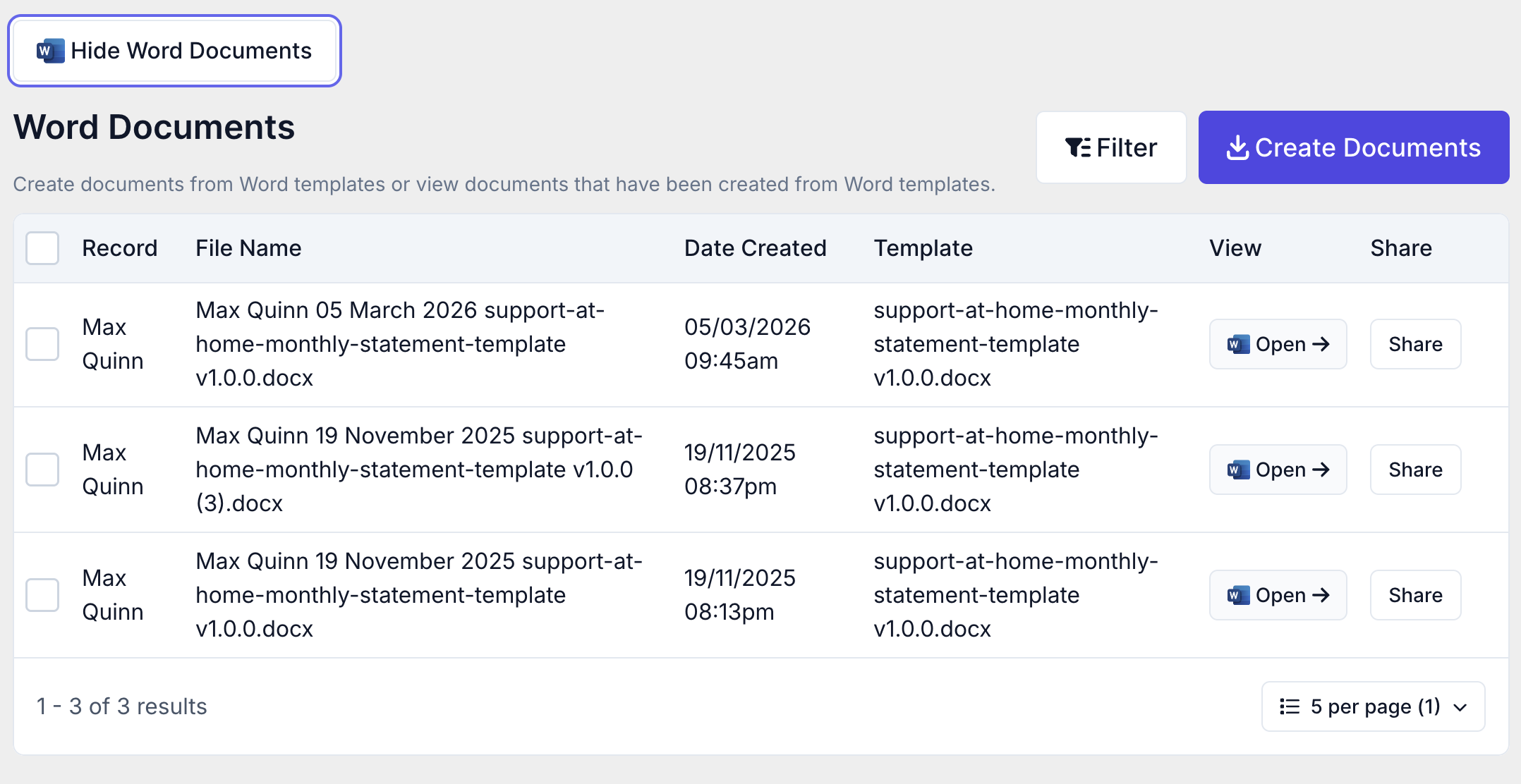 How do I create and share Support at Home monthly statements? - Step 3 - Show Word Documents (2)