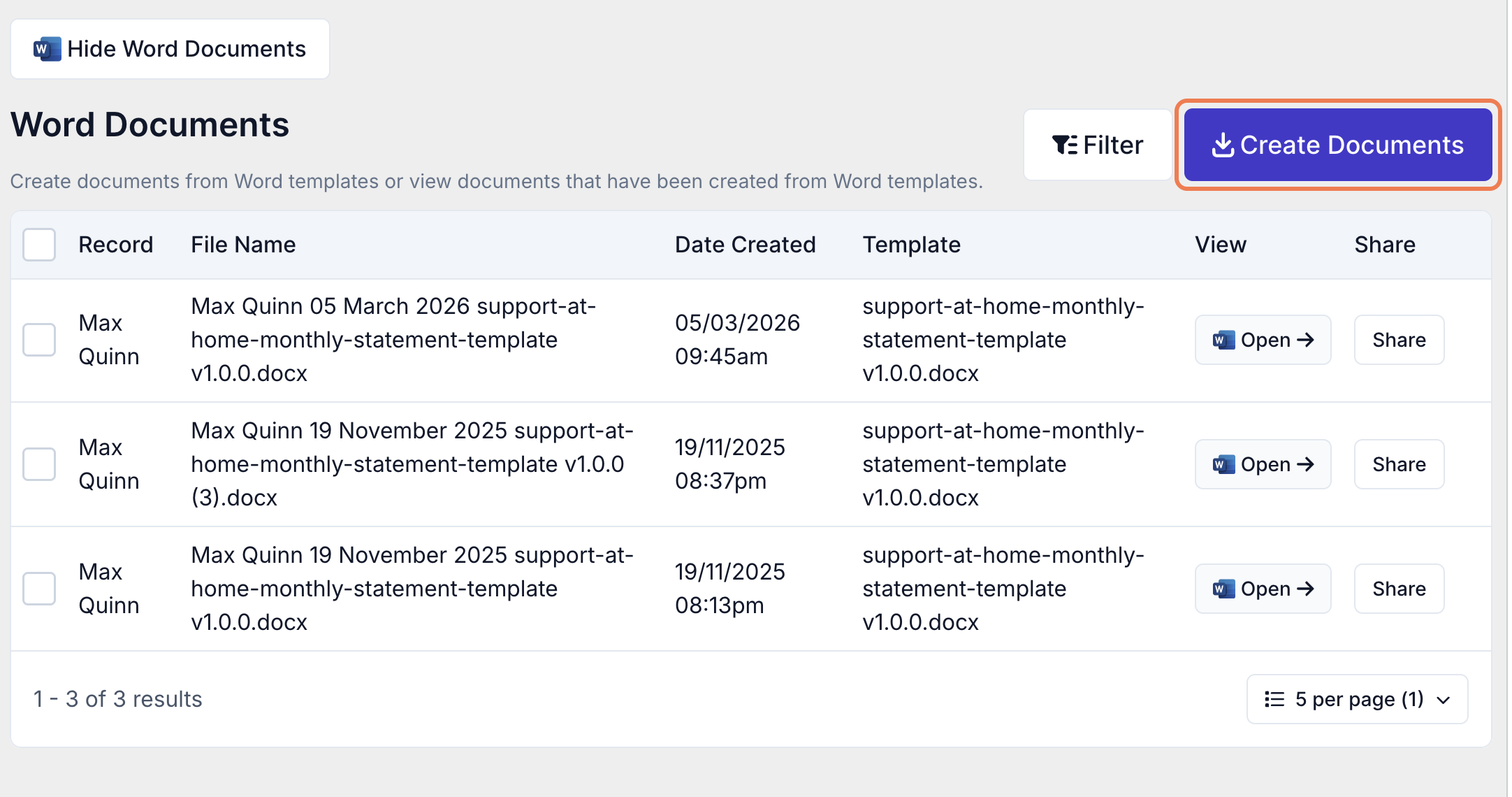 How do I create and share Support at Home monthly statements? - Step 4 - Click Create Documents