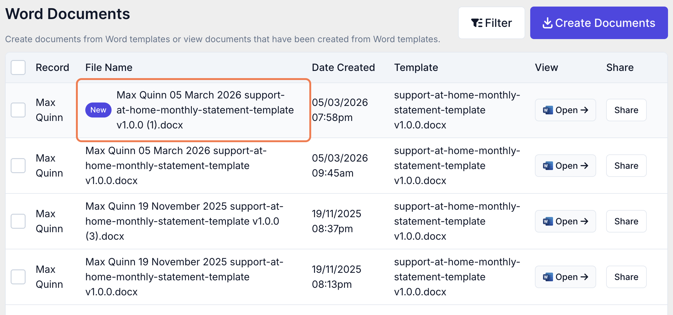 How do I create and share Support at Home monthly statements? - Step 7 - Statement Appears in List