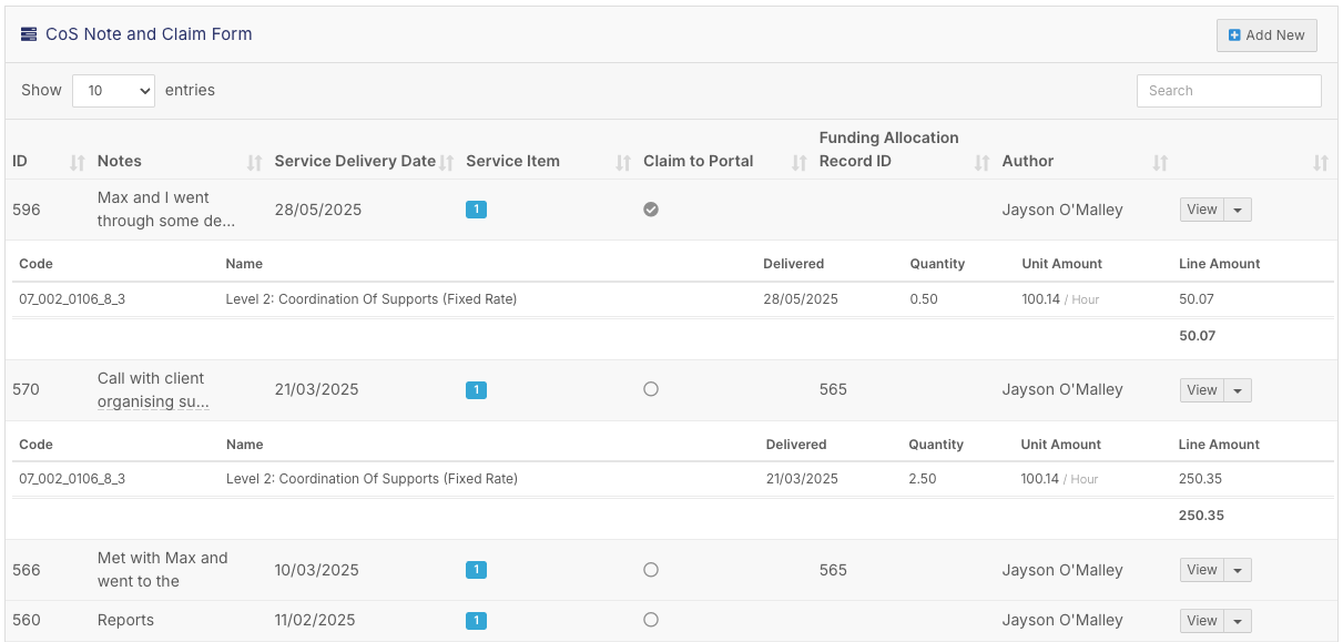 How do I record support coordination notes and claims? - Step 1 - Click Add New