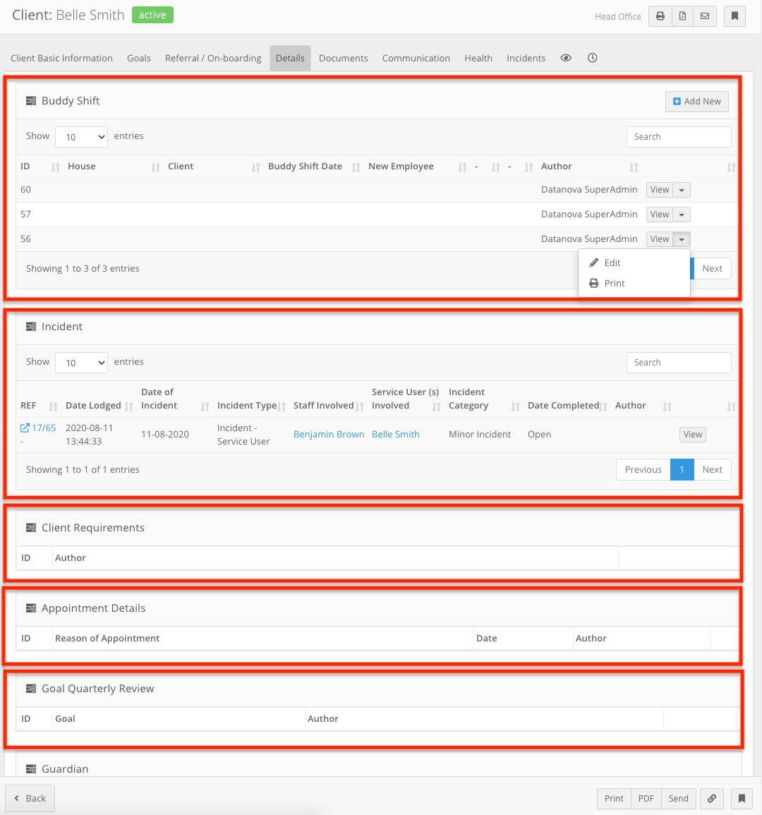 What are the Tabs and Forms in a client record?