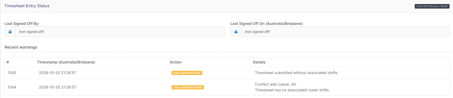 Recent warnings on a timesheet, showing auto-approve:failed with the reason Timesheet submitted without associated shifts