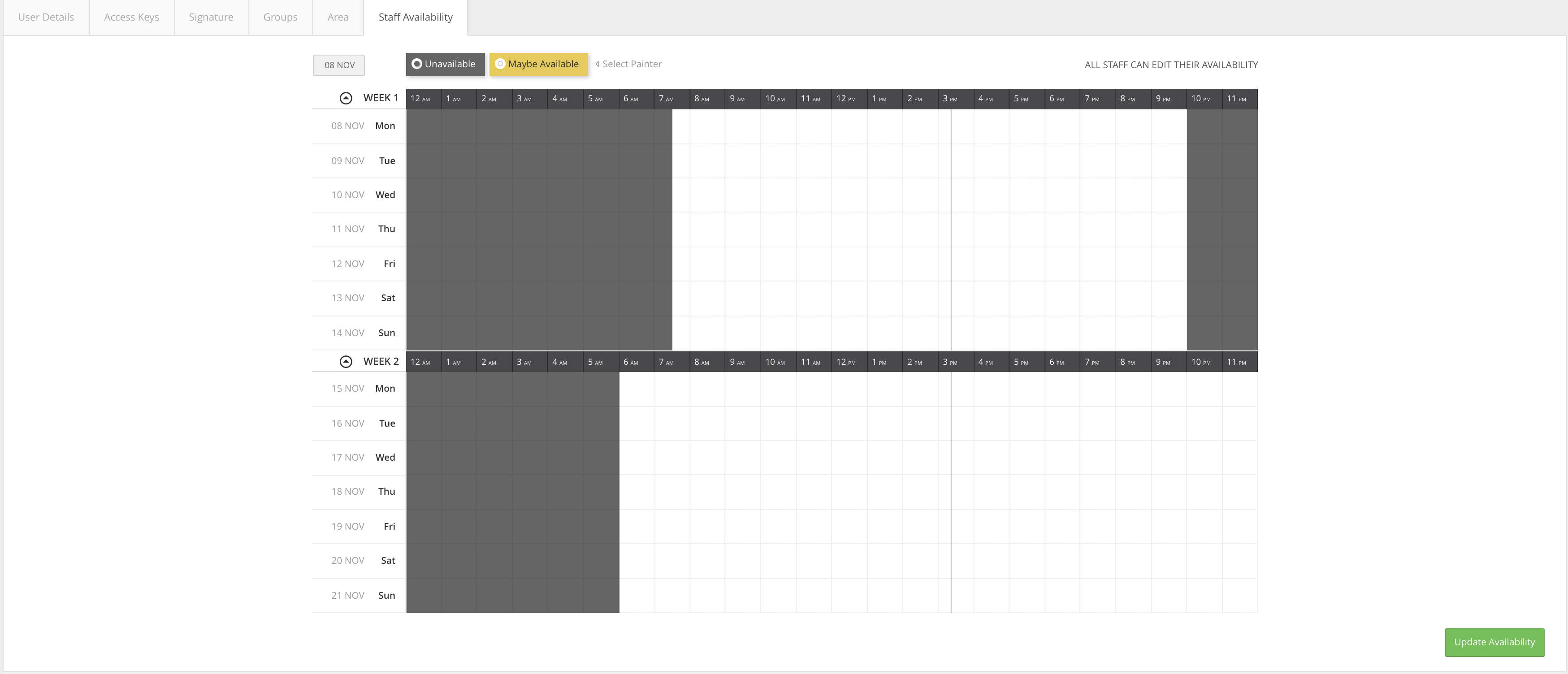How do I view and edit a user's account in User Management? - Staff Availability: