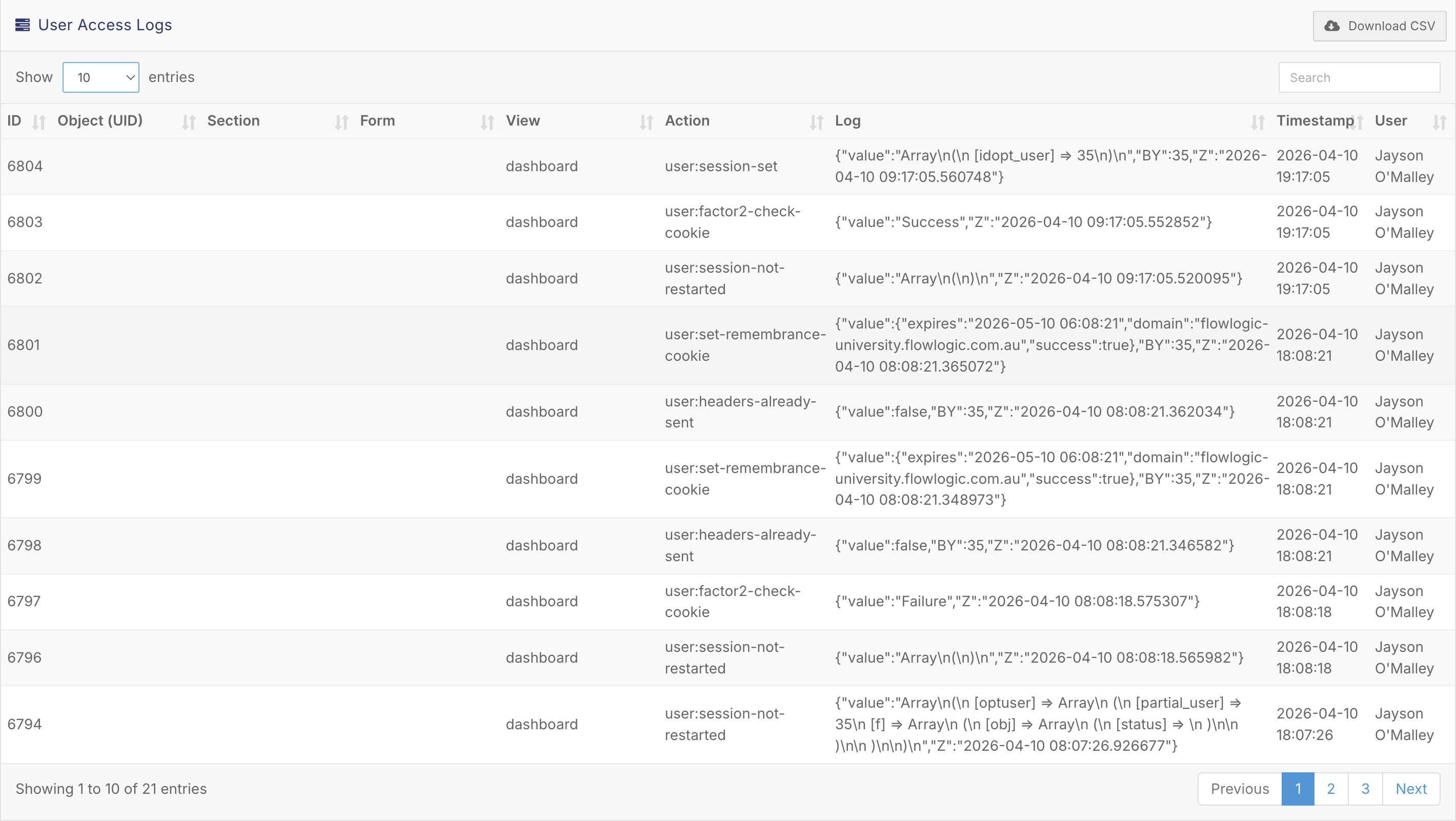 How do I see what a user has done in FlowLogic? - These logs capture both simple actions (like viewing a page) and more complex interactions. Accessing User Logs (3)