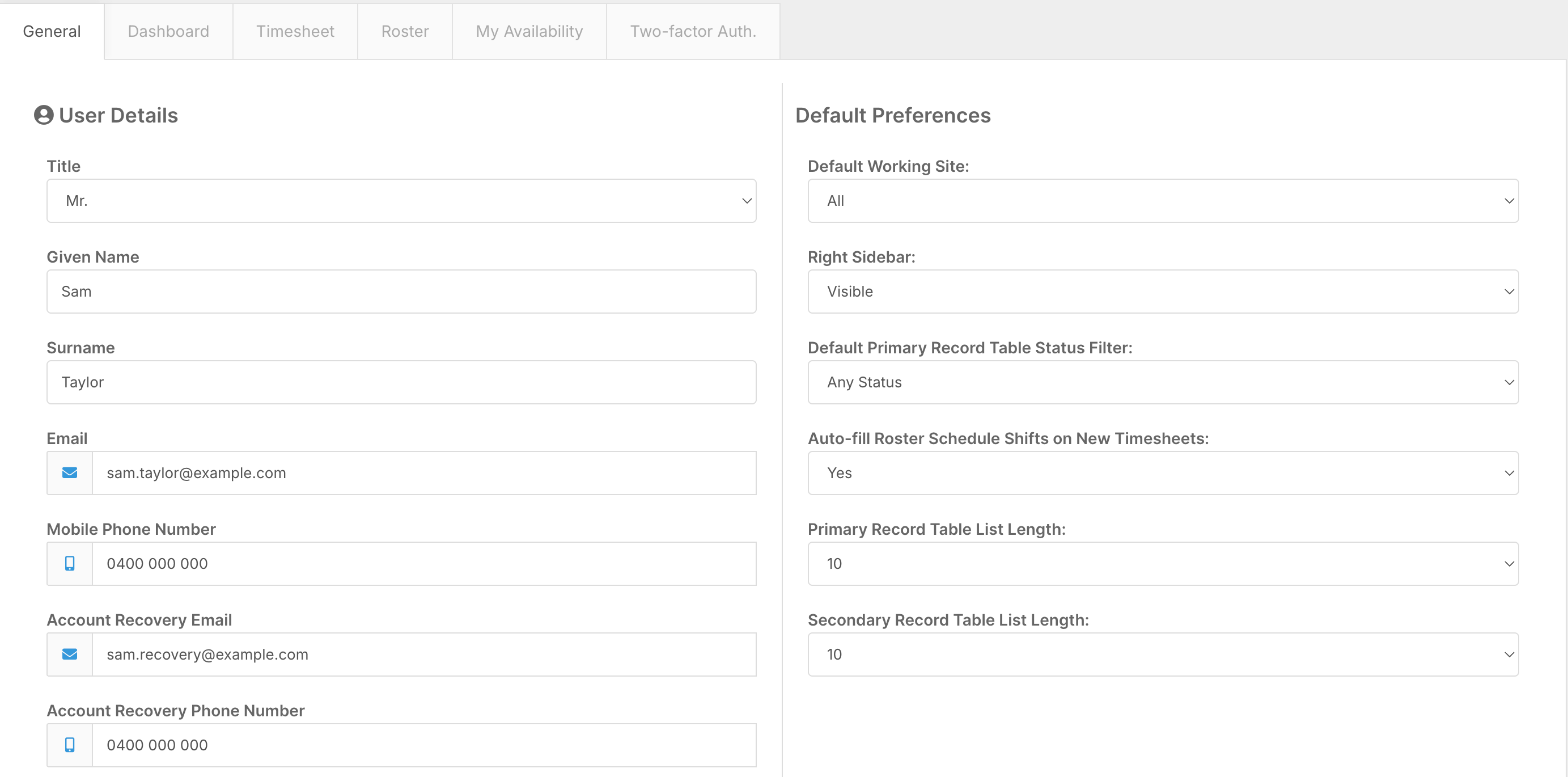 The General tab of My Profile, showing User Details and Default Preferences