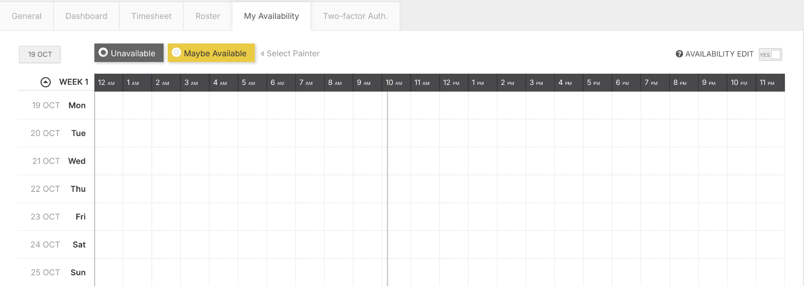 The My Availability tab with the Unavailable and Maybe Available painters above a weekly grid